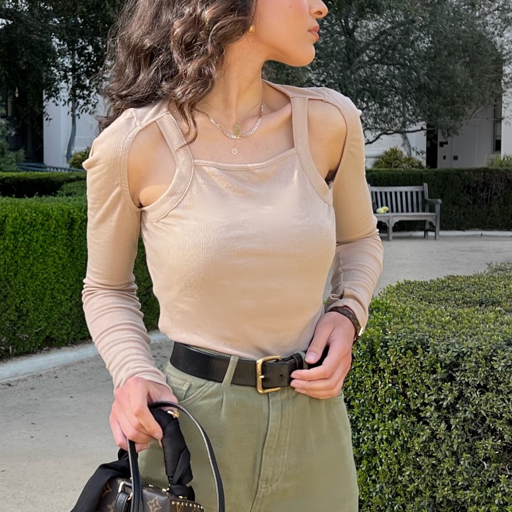Beige ribbed cut out long sleeve